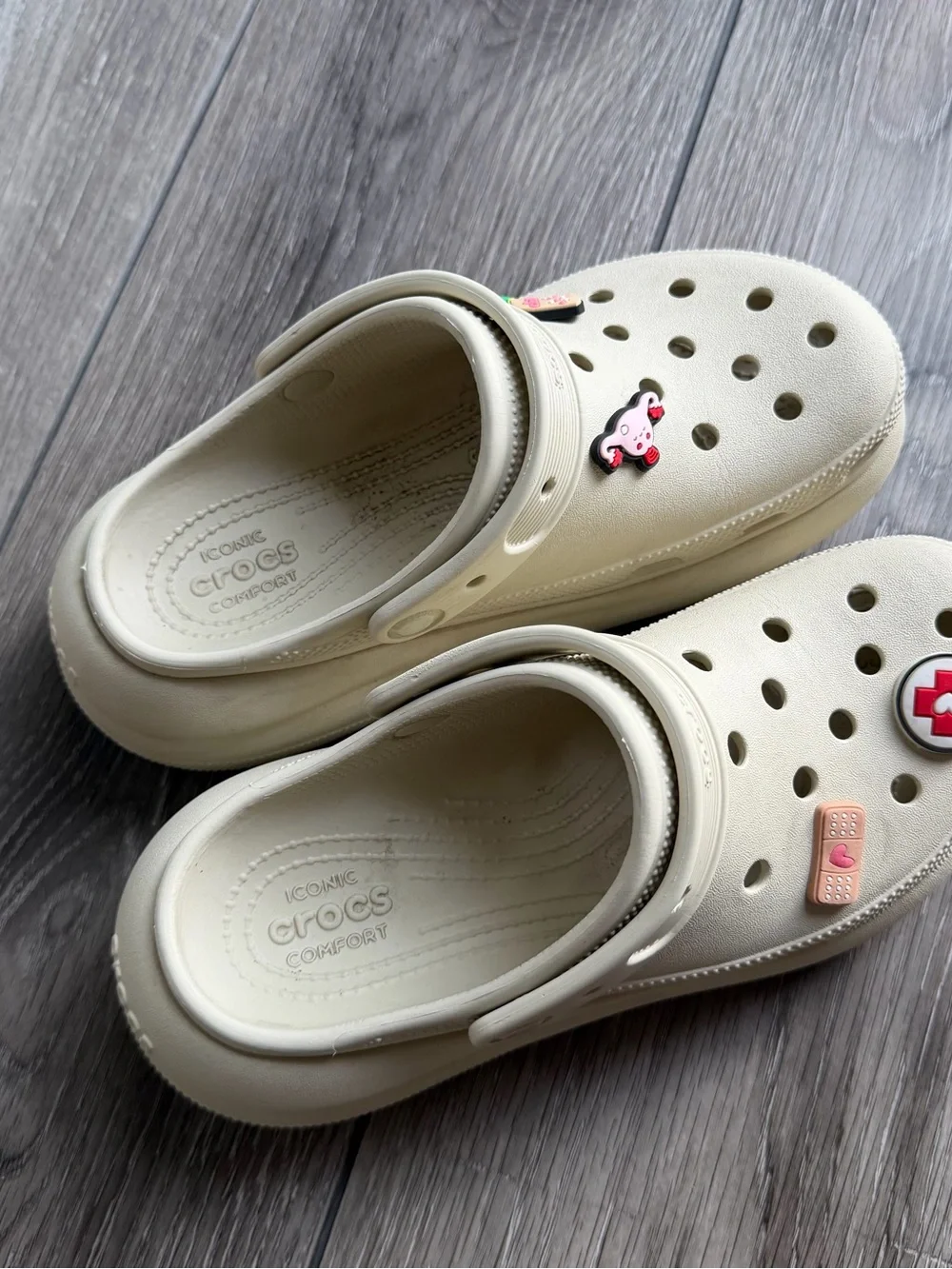 CROCS Platform Clogs in Cream with Decorative Charms